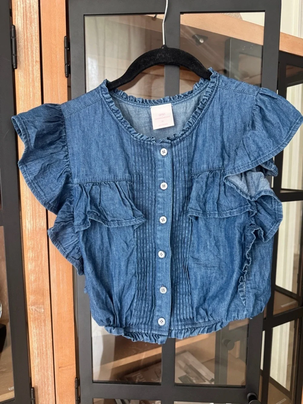 Gap × LoveShackFancy girls Denim Ruffle Button Front Top cropped shirt